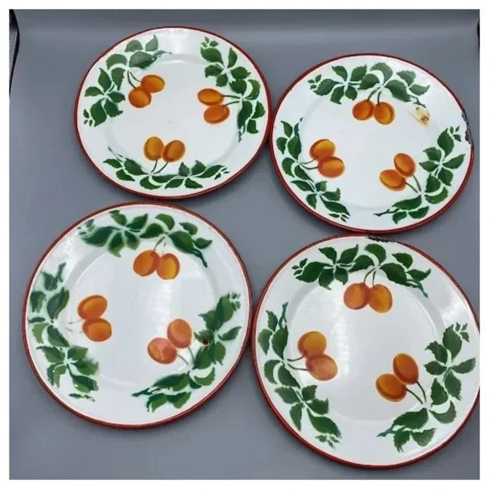 Distressed Vintage Huta Silesia Plates Poland Enamelware Fruit 4pcs